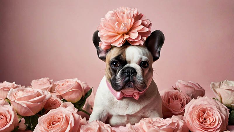 cute frenchi bulldog in flowers