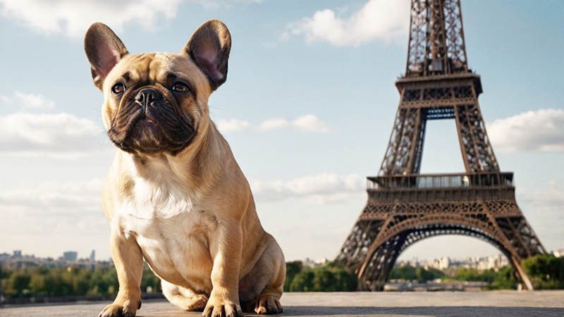 French Bulldog names, against the backdrop of the Eiffel Tower