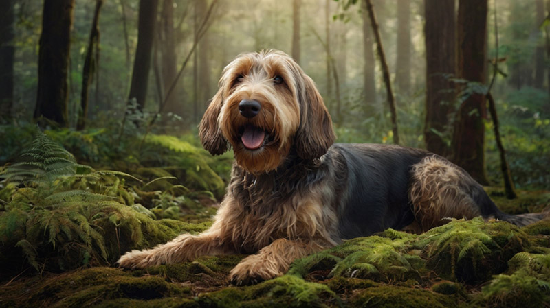 An adult otterhound licks in a mystical forest among ferns.