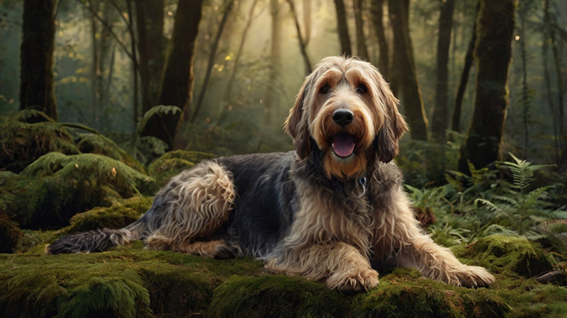 otterhound in old forest lies on moss