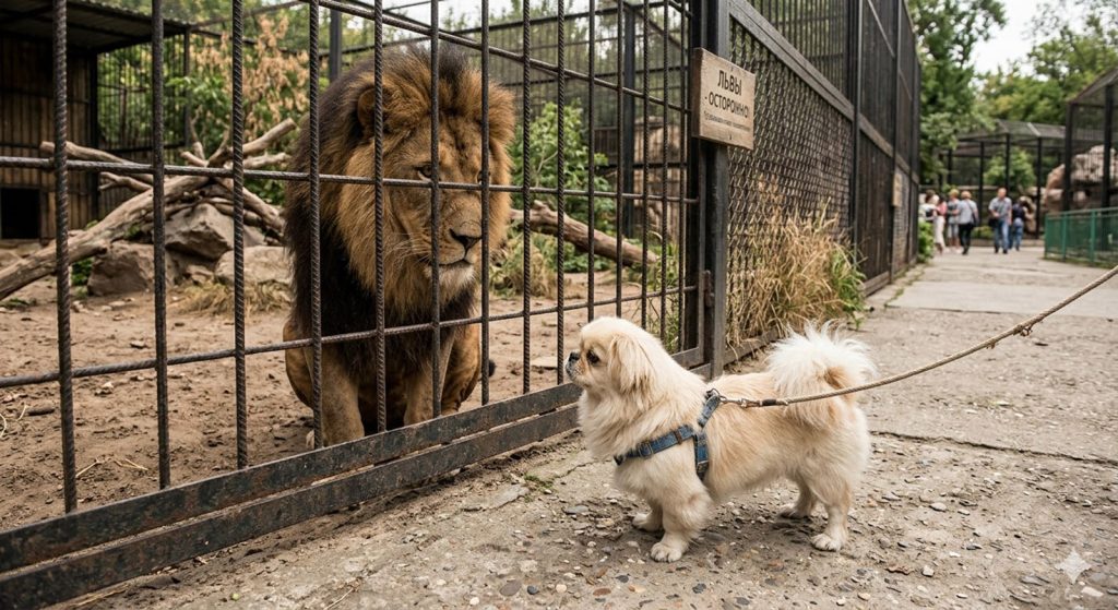 A Pekingese dog looks at a lion in a cage. Especially for the article 