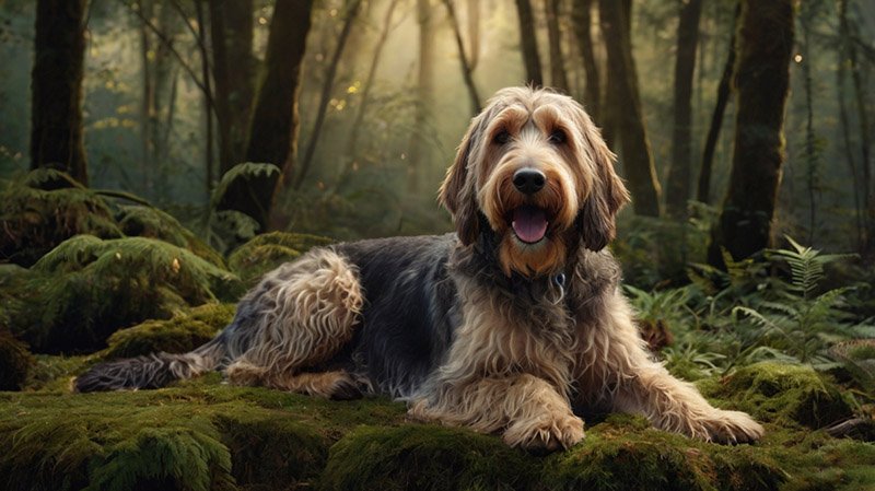 otterhound in old forest lies on moss