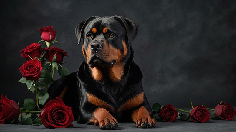 Rottweiler lies with rose flowers on a gray background. Picture for the article