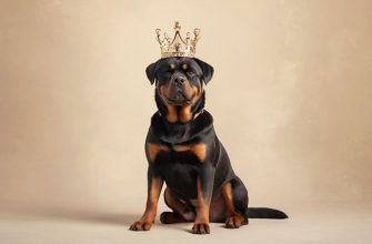 Rottweiler sits with a crown on his head