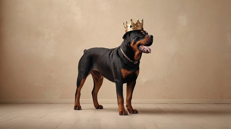 The regal Rottweiler looks down from above, wearing a crown.