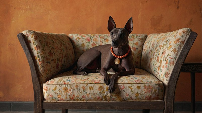 Xoloitzcuintli is lying on the chair