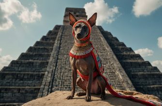 Xoloitzcuintli sits in front of a pyramid in national dress