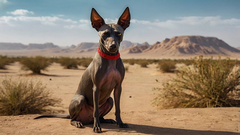Xoloitzcuintli sits in mexican deserts