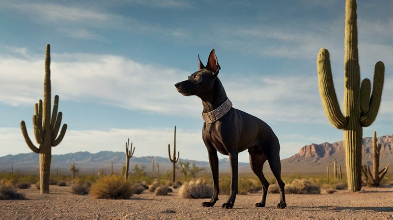 Xoloitzcuintli stands among desert cacti