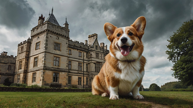 Corgi near an English castle. Photo for the article "Names for Corgis"