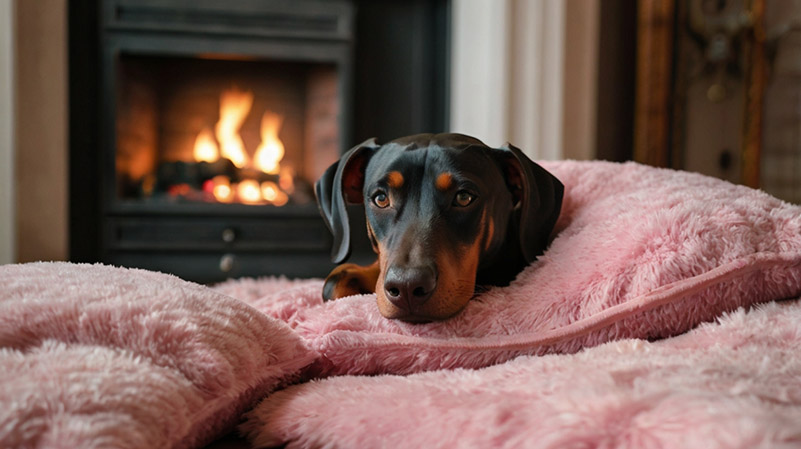 gentle doberman lies on a pink pillow. Photo for the article "doberman names"