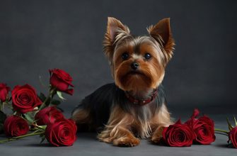 Yorkshire Terrier lying with roses. Title image for the article "Yorkshire Terrier Names".