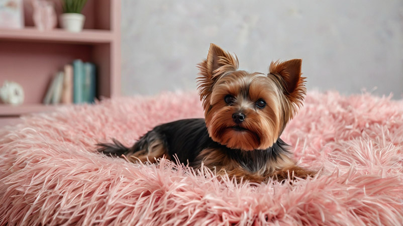 Yorkshire Terrier lying on a pink pillow. Image for the article "Names for Yorkshire Terrier"