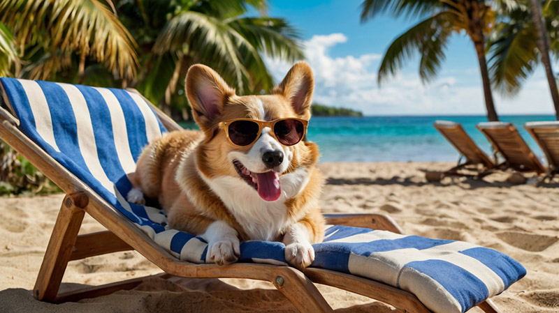 Corgi lies on a sun lounger near the sea. Photo for the article "Names for Corgis"