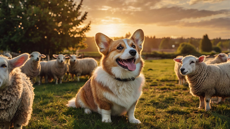 Corgi guards a flock of sheep in a pasture. Photo for the article "Names for Corgis"