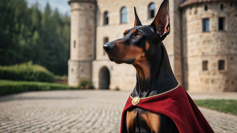 A majestic German Doberman, in a cape, sits against the backdrop of a castle. Photo for the article "Doberman names".
