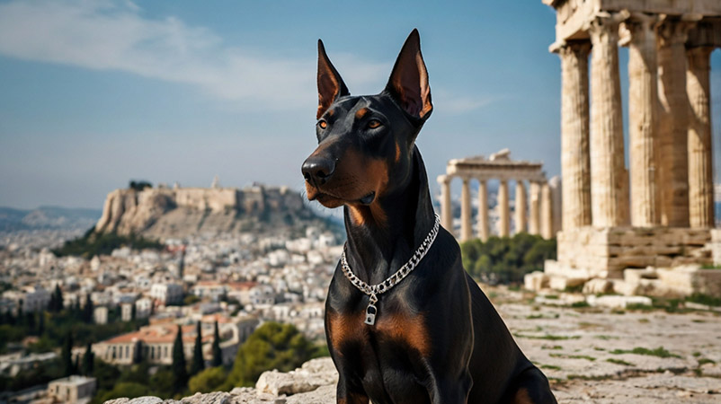 Doberman against the backdrop of the Greek Acropolis - a divine place. Photo for the article "Doberman names"