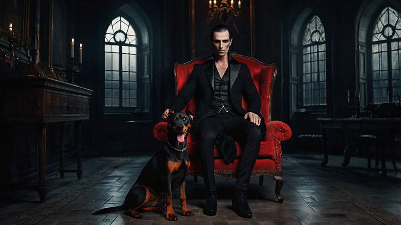 A vampire sits in his chair. Photo for the article "Vampire Names for Dogs".