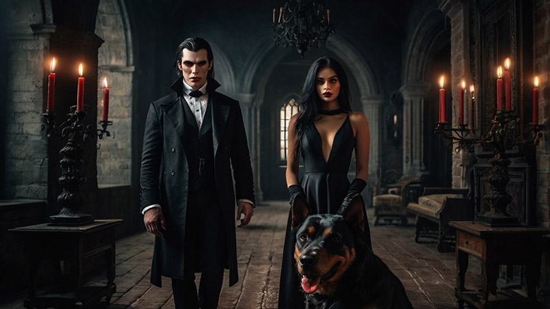 Vampire family with their dog. Photo for the article "Vampire names for dogs".