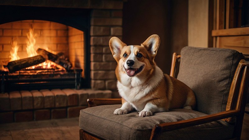 Corgi on a chair near the fireplace. Photo for the article 