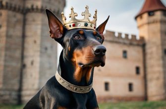 Doberman wearing a crown against the backdrop of a royal castle.