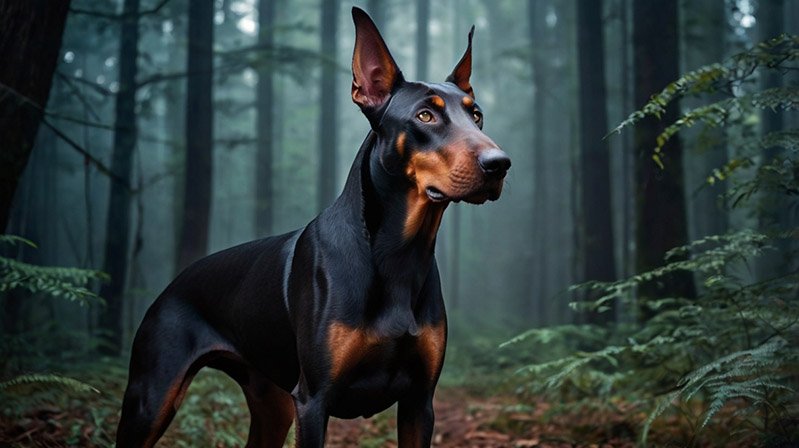 Doberman stands against the backdrop of a mystical forest. Photo for the article