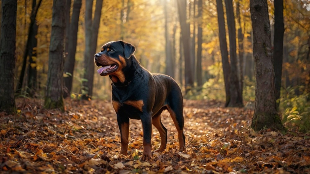 Chocolate Rottweiler in the autumn forest
