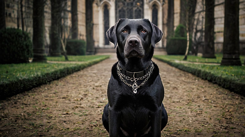 a Labrador in front of a Gothic castle
