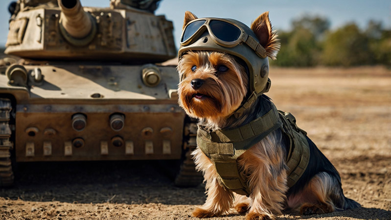 A Yorkshire Terrier in military uniform. Specially for Military Dog Names.