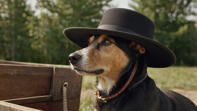 dog in amish hat