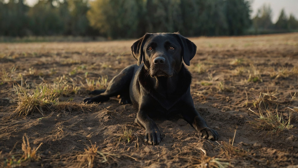 black Labrador lies in the dust