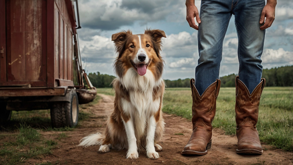 dog-next to a pair of brown cowboy boots