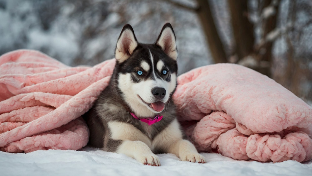 husky puppy in a pink blanket