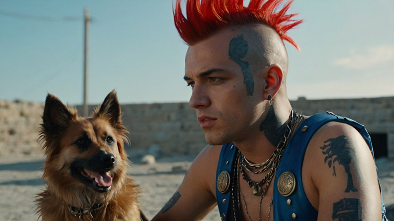 A punk with a mohawk and a dog. For the article 