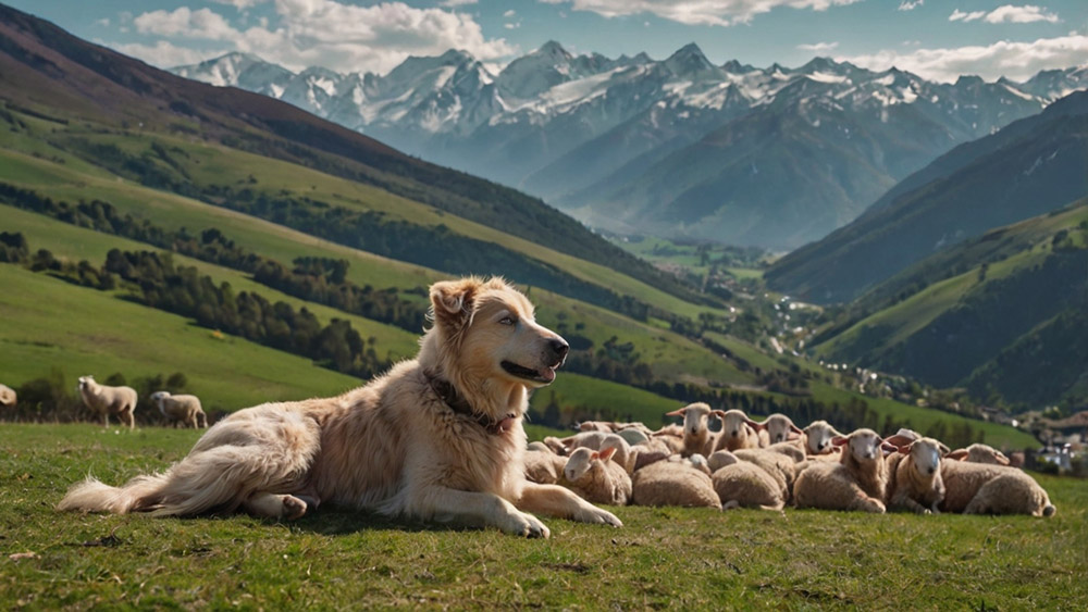 shepherd dog lies next to sheep