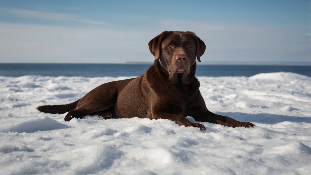 Chocolate Labrador in the snow