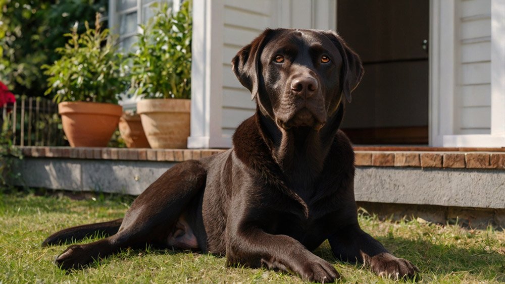 chocolate labrador sit next to the house.