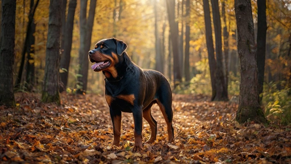 Chocolate Rottweiler in the autumn forest