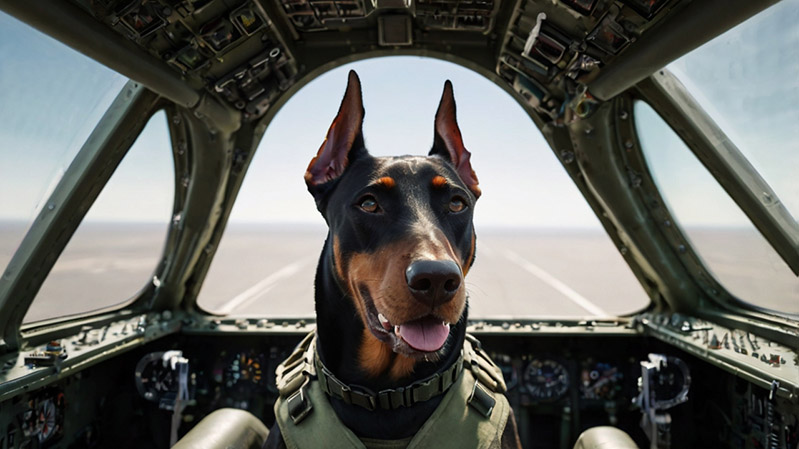 Doberman in the airplane cockpit