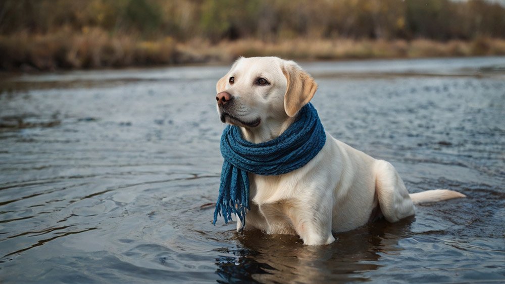 Labrador with a wide blue scarf