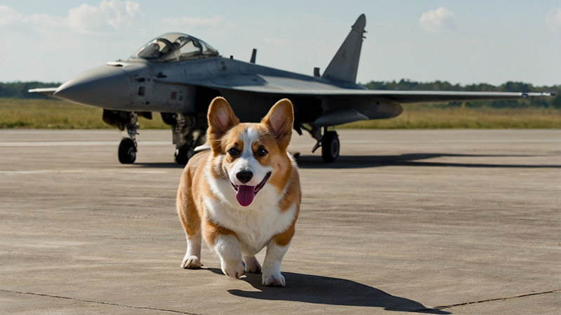 A Welsh Corgi on the runway. Specially for the article 
