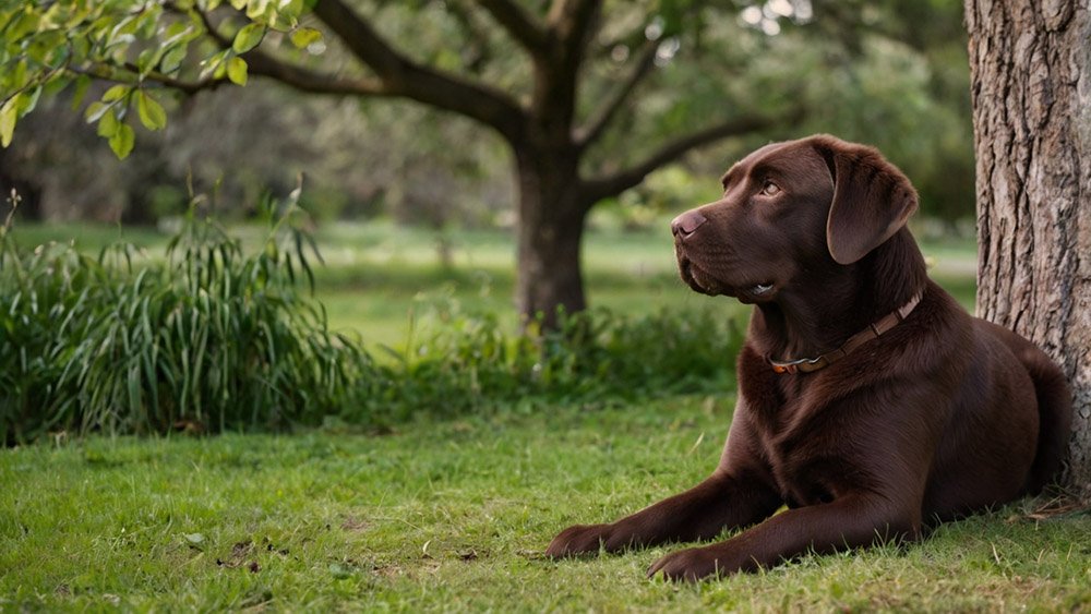chocolate Labrador sits next to a tree