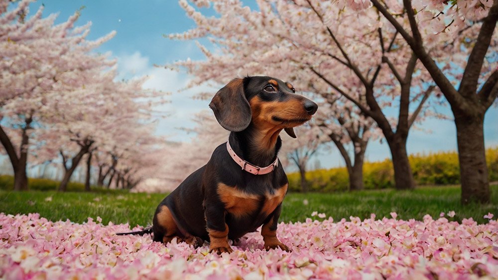 dachshund under sakura