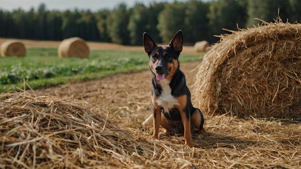 small dog on haystacks