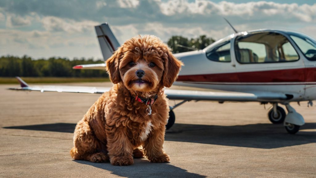 A red Maltipoo sits next to airplane.  Specially for 