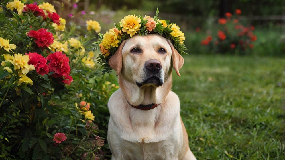 yellow Labrador with a wreath on his head