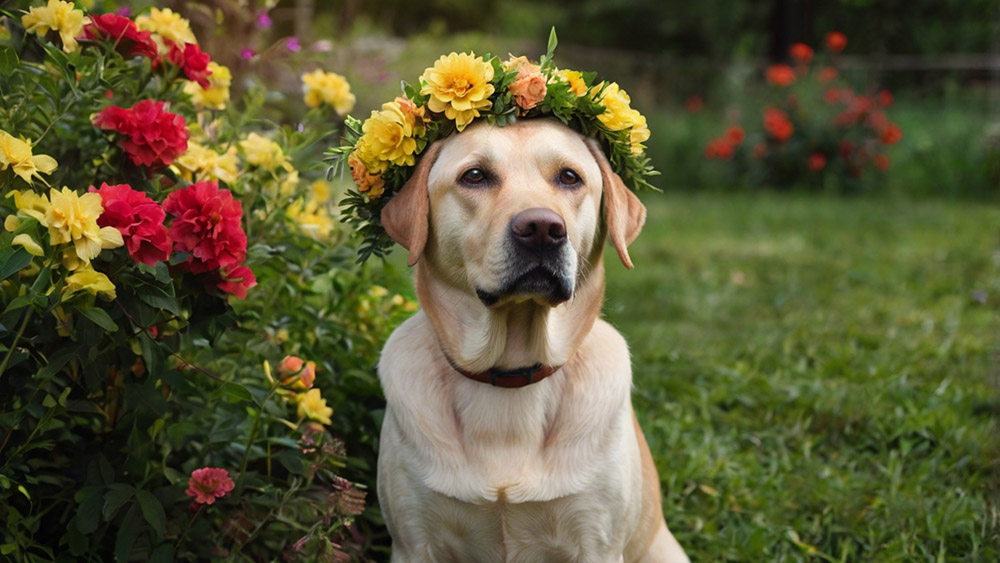 yellow Labrador with a wreath on his head