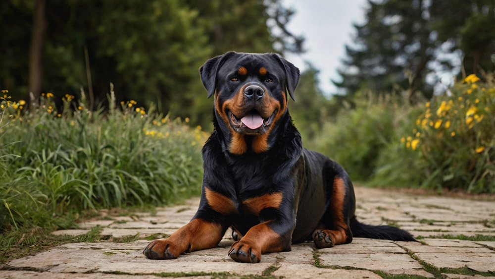 A Rottweiler is lying on a path.