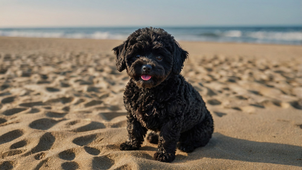 black puppy maltipoo on a beach