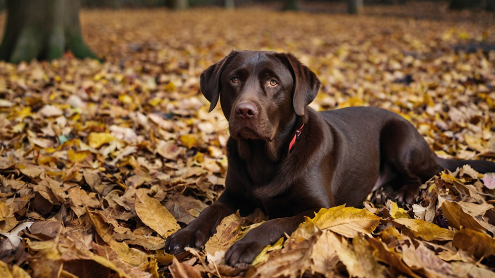 chocolate Lab on fallen leaves